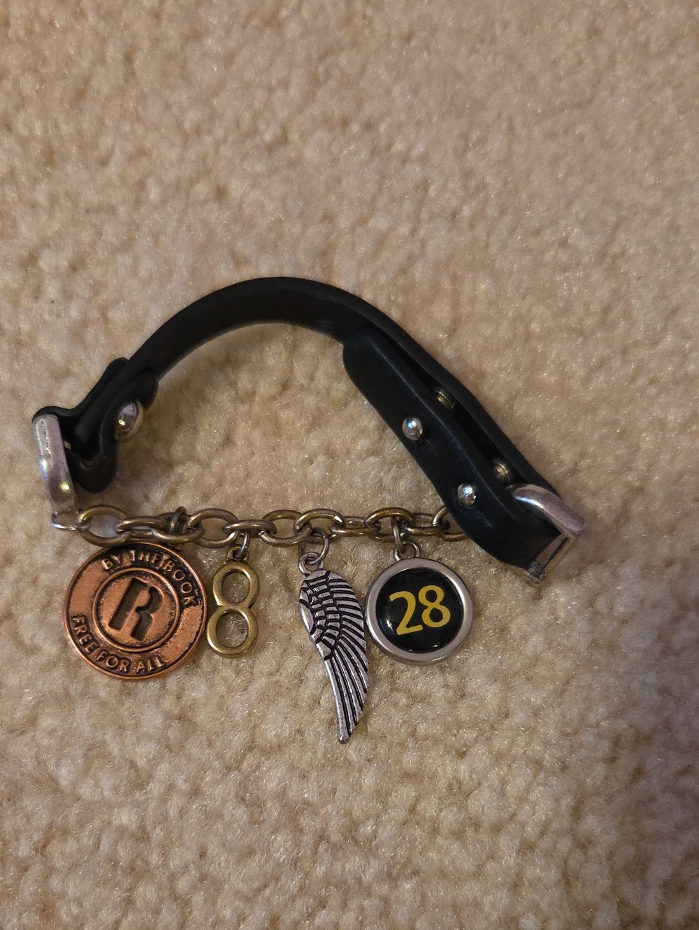 Black Leather Charm Bracelet with Number 28 and Wing Accent